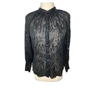 Rebecca Taylor Button Up Blouse Semi-sheer Silk Blend Black Animal Print 2 (S)